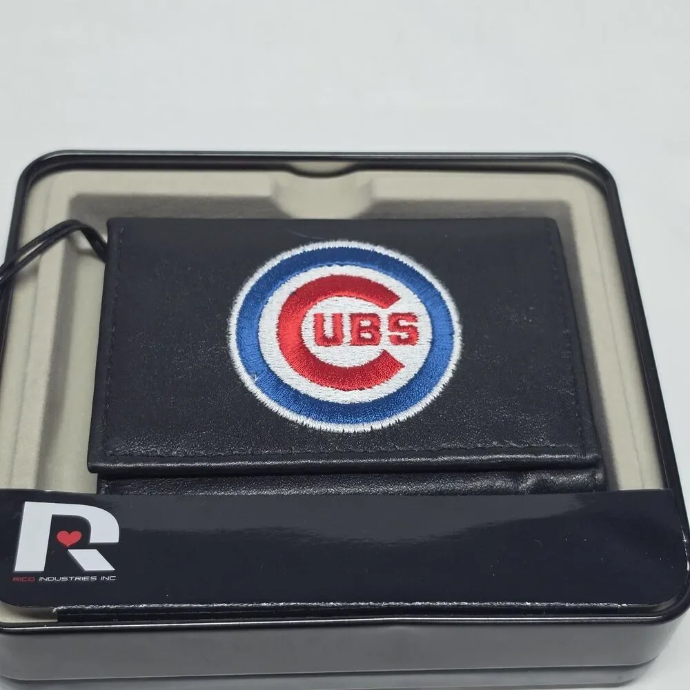 Rico Industries Black Real Leather Wallet MLB Chicago Cubs Logo Embroidered NWT